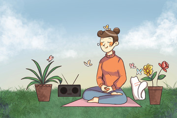 The action or practice of meditation is self-care in the home to stimulate mental health for therapy,A woman practicing meditation in the garden of house ,developmental health and brain development