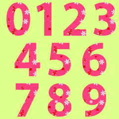 0 1 2 3 4 5 6 7 8 9 alphabets applied with Christmas tree, bell and snowflake pattern background vector