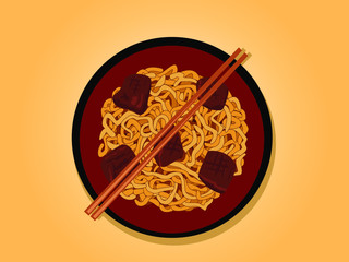 Korean instant food. Ram-Don or Chapaguri noodles with beef steak in a plate. Japaguri is a popular South Korean dish with ramen and udon noodles, as well as beef steak. Vector illustration.