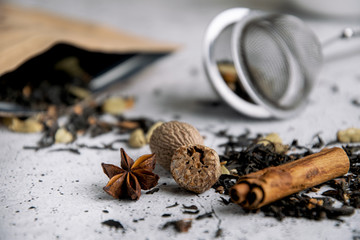 Masala chai black spiced tea with spices, cinnamon, nutmeg, cardamom, star anise, clove