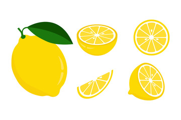 Icon set lemon, vector illustration on white background. the whole fruit and cut into pieces. citrus.