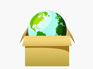 Vector illustration of worldwide cargo delivery, packing box, globe world map. Safe delivery in a global coronavirus epidemic