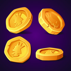Cartoon golden coins. Set of currency for games, casual style graphics