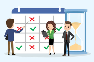 Cartoon business people with hourglass and planner.Boss with pointer and two employees.