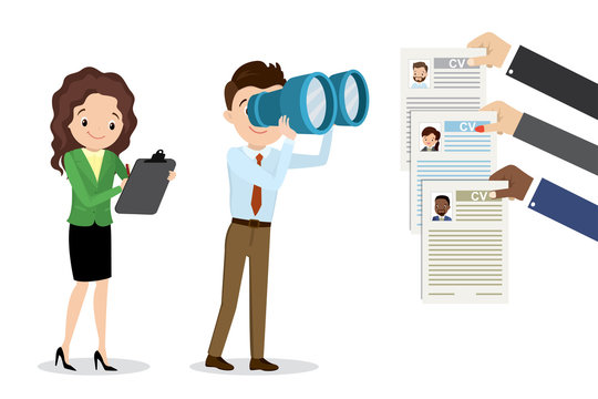 Cartoon caucasian businessman looking through binoculars on resume,different hands holding cv.