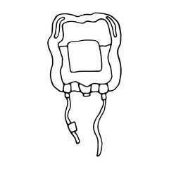 Isolated plasma or blood pack on a white background. Charity Donation Medical Element. Doodle vector illustration. Can use for poster, greeting card, topics like medicine, health care, treatment.