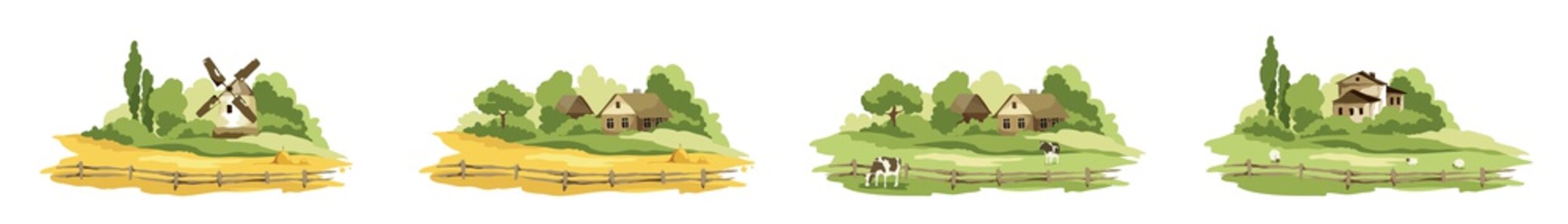 Set of village landscapes. Vector illustration, fields and meadows with cows, lambs, mill and village houses.
