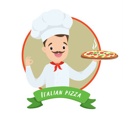 Cartoon italian chef holding a delicious pizza.Template of part banner or logo of the pizzeria,