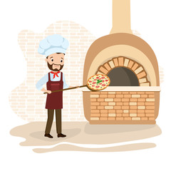 Chef with pizza. Cartoon pizza maker near an authentic oven,italian food,
