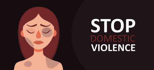 Sad woman with bruises and wounds on a dark background.Concept of domestic violence,sexual abuse in family,bullying,aggression on women.Banner for web site,social media.Vector cartoon illustration