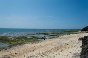 エメラルドグリーンの海と白い砂浜に遠浅の海岸