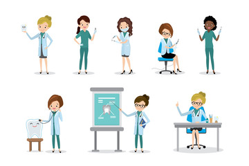 Set of female doctors,surgeons and dentists,different poses. Cartoon women characters
