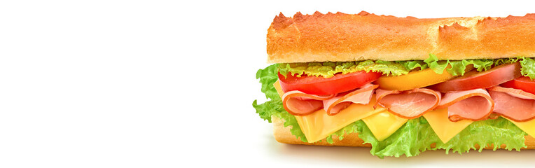 Submarine sandwich with ham, cheese, tomato, lettuce salad isolated on white. Homemade baguette ham sandwich with vegetables. Large sub tomato sandwich closeup, banner