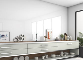 3d rendering modern white Kitchen interior. side view
