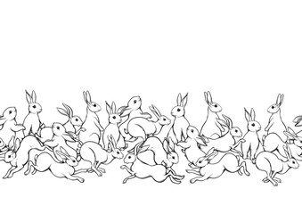 Seamless pattern, background with cute rabbits, hares. Colored vector illustration.