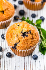 Blueberry Muffins with Fresh Blueberries on Wooden Background. Selective focus.