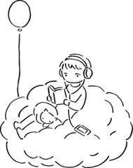 Relax vector illustration, reading books, listening music with cat, sitting on cloud