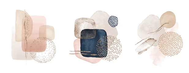 Arrangements. Marineblaue, errötende, rosafarbene, elfenbeinfarbene, beige Aquarellillustration und Goldelemente, auf weißem Hintergrund. Abstraktes modernes Druckset. Logo. Wandkunst. Poster. Visitenkarte. © Veris Studio