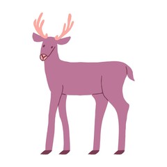 Cute flat hand drawn deer isolated on white background. Horned wild animal with long legs. Adorable design for print. Stock vector illustration.