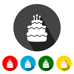 Birthday Cake icon vector illustration design element with four color variations. Birthday Cake Icon with Long Shadow. Birthday Cake Icon flat design. Vector illustration. All in a single layer. 