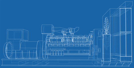 High voltage industrial standby dieasel generator at a power generation. The layers of visible and invisible lines are separated. EPS10 format. Wire-frame.