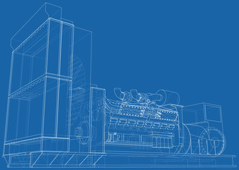 Diesel generator. The layers of visible and invisible lines are separated. EPS10 format. Wire-frame.