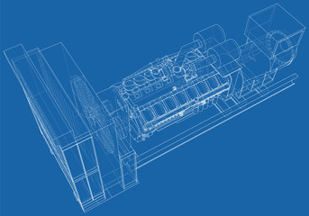 Generator. Diesel and gas industrial electric generator. The layers of visible and invisible lines are separated. Wire-frame outline.