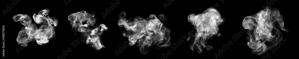 Wall mural Smoke clouds, steam mist fog and white foggy vapor. 3D realistic smoke from dust particles isolated on black background