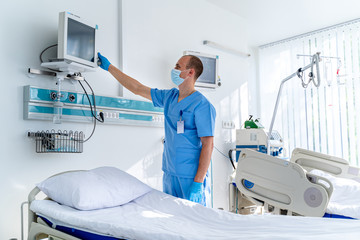 Interior hospital design concept. Interior of resuscitation chamber in modern clinic. Screen with...