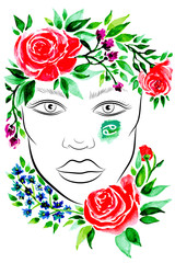 Watercolor woman portrait with flowers. Cancer zodiac sign. Vector illustration.
