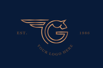 pegasus with wings logo design in the shape of letters GF. Classical Monogram G