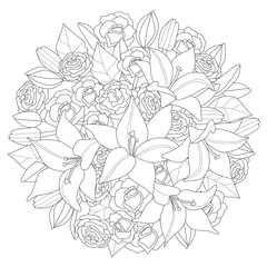 abstract round flowerbed with lilies and roses for your coloring
