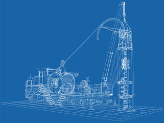 Wire-frame line truck isolated on white. Vector rendering of 3d.