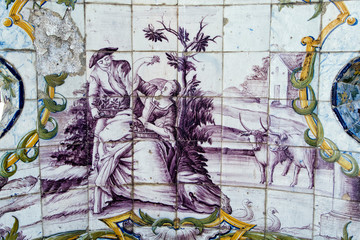 Azulejos panels depicting typical 18th century scenes in the Quinta dos Azulejos in Lumiar, Lisbon, Portugal
