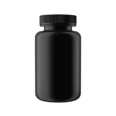 Black Matte Plastic Bottle with Cap, Isolated on white background.