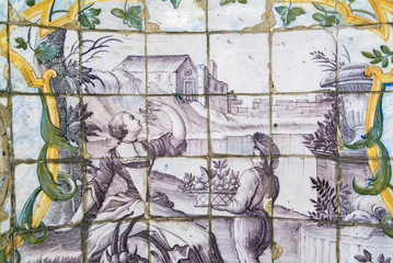 Azulejos panels depicting typical 18th century scenes in the Quinta dos Azulejos in Lumiar, Lisbon, Portugal