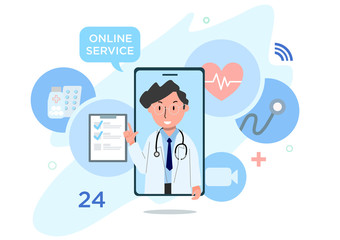 Online diagnostics service concept. Doctor had diagnostic with
 video call from application of smartphone. Vector flat illustration.