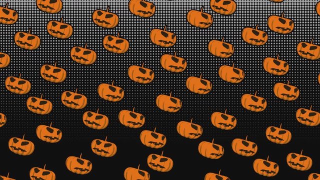 Seamless funny animation of Jack O´lantern pumpkins in halftone photocopy printed style.Zine culture video loop with a trendy cool comic look for Halloween party
