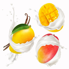 Naklejka na ściany i meble Mango with milk splash isolated on a white background