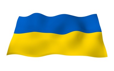 The flag of Ukraine on a white background. National flag and state ensign. Blue and yellow bicolour. 3D illustration waving flag