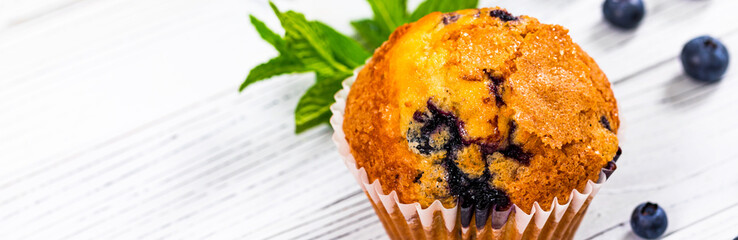 Blueberry Muffins with Fresh Blueberries on White Wooden Background. Selective focus.