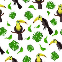 Seamless pattern with Toucan and leaves. Tropical vector illustration with a wild bird. Tropical green plants on a white background. Summer design for making a gift. Printing on fabrics, wallpaper.