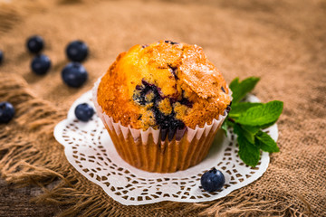 Blueberry Muffin with Fresh Blueberries. Selective focus.