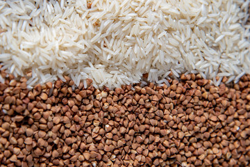 Horizontal photo full frame of rice and buckwheat grains .