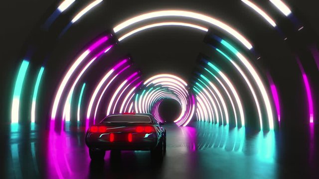 Muscle car in neon lit tunnel, blue and purple, synthwave, vaporwave, retro