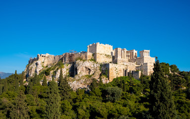 Panoramic view of Acropolis of Athens with Propylaea monumental gateway and Nike Athena temple seen...