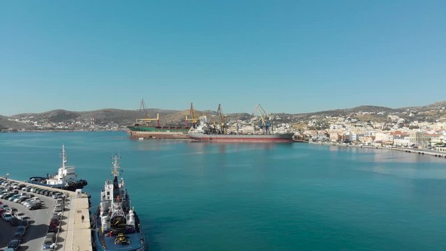 Aerial view of island Syros and it's capital Ermoupoli in Greece.