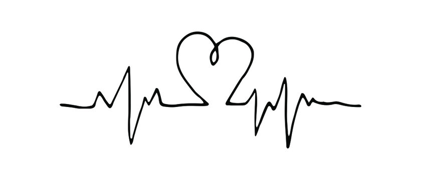 Isolated heartbeat line with heart on white background. Heart rate symbol. Vector doodle illustration. Can be used for topics like medicine, health care, treatment.