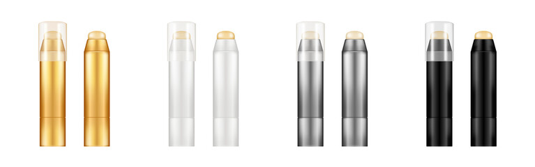 Set of realistic glossy lip balm tube mockups isolated on white background with transparent cap - opened and closed. Plastic package design. Blank cosmetic, skin care template. 3d vector illustration