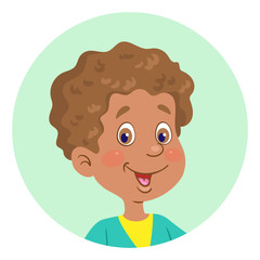 Obraz premium Portrait of a funny african american little boy. Avatar icon in the circle. In cartoon style. Isolated on white background. Vector illustration.